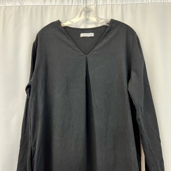 Misslook Womens Shift Dress Solid Black V Neck Long Sleeve Rounded Hemline L - Picture 2 of 11